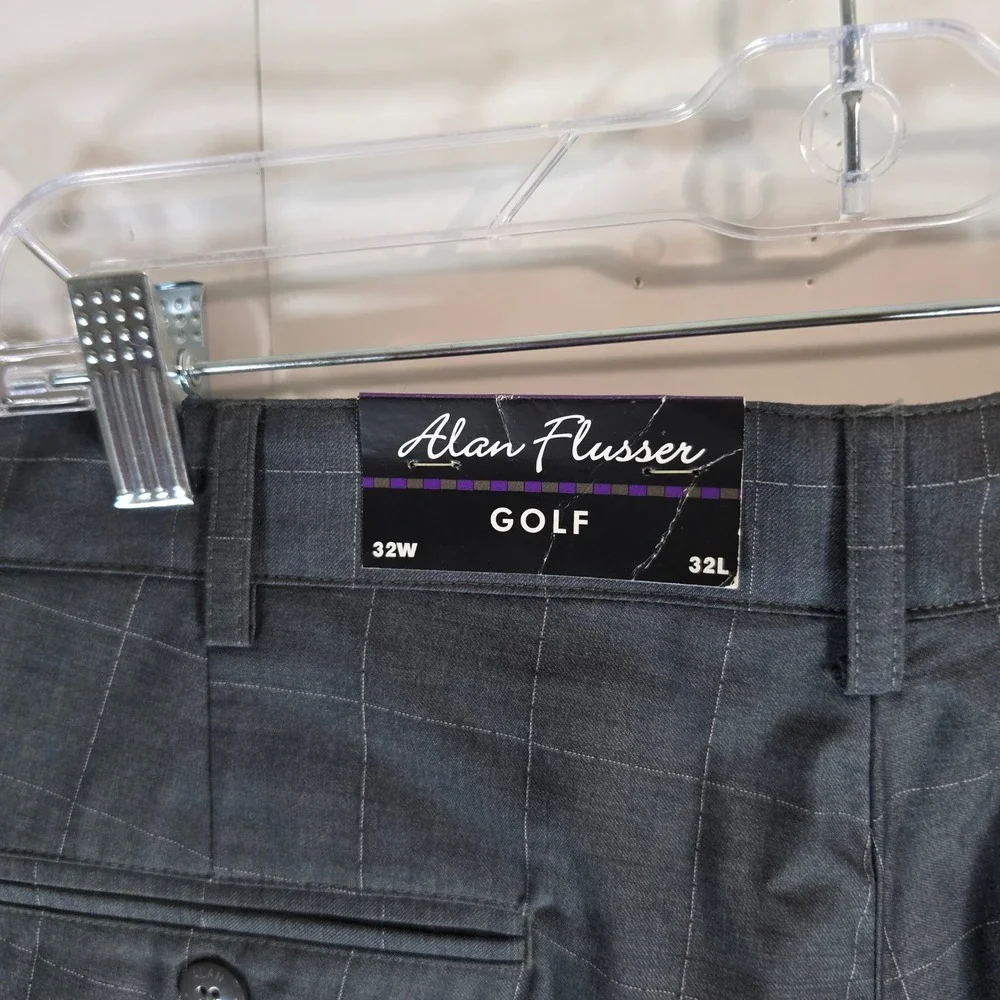 Alan Flusser Men 32x32 Gray Windowpane Dress Pants Double Pleated Cuffed NWT